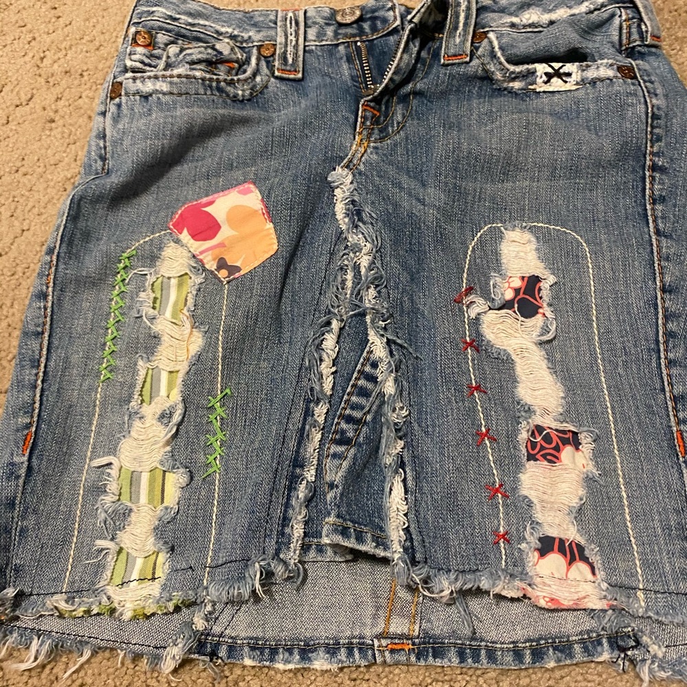 True Religion denim mini-ish skirt with patches
